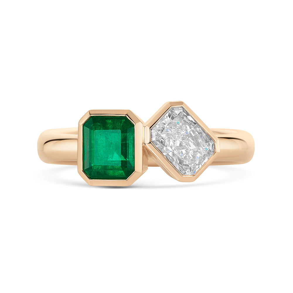 18ct Rose Gold Emerald & Diamond Two Stone Asymmetrical Ring variant Pursuit