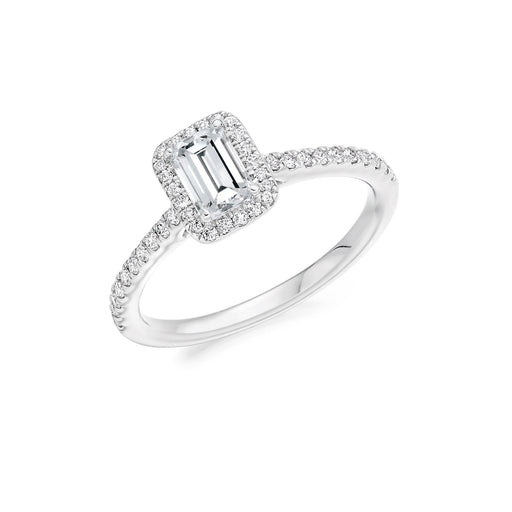Platinum Emerald & Brilliant-Cut Diamond Halo Ring With Diamond Shoulders 0.80ct - ENG4044 Ring Michael Spiers