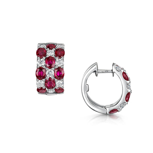 18ct White Gold Oval-Cut Ruby & Brilliant-Cut Diamond Triple Row Hoop Earrings 4.92ct Earrings Michael Spiers