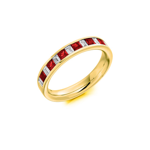 18ct Yellow Gold Princess-Cut Ruby & Baguette Diamond Half Eternity Ring 0.80ct - HET918 RUD Ring Michael Spiers