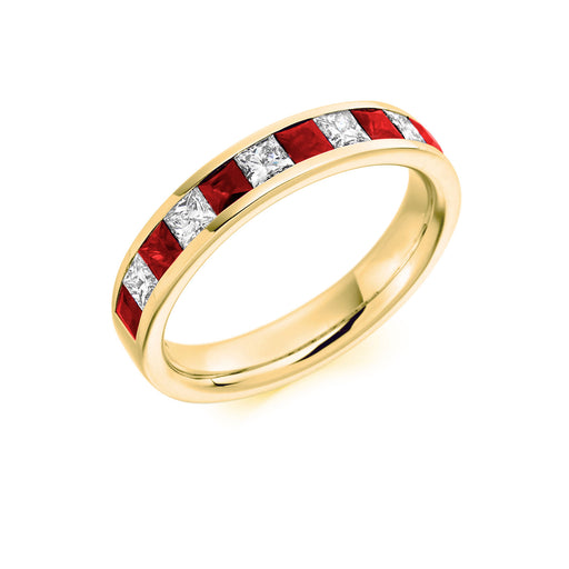 18ct Yellow Gold Princess-Cut Ruby & Diamond Half Eternity Ring 1.25ct - HET 931 RUD - (Size 'M' Only) Ring Michael Spiers