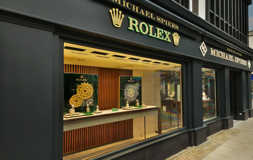 Jewellery collections in the display window of a premium jewellery store, Michael Spiers Jewellers Taunton. 
