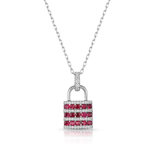 18ct White Gold Round-Cut Ruby & Brilliant-Cut Diamond Padlock Necklace 1.44ct Necklace Michael Spiers