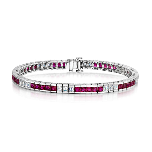 18ct White Gold Square-Cut Ruby & Asscher-Cut Diamond Tennis Bracelet 9.65ct Bracelet Michael Spiers