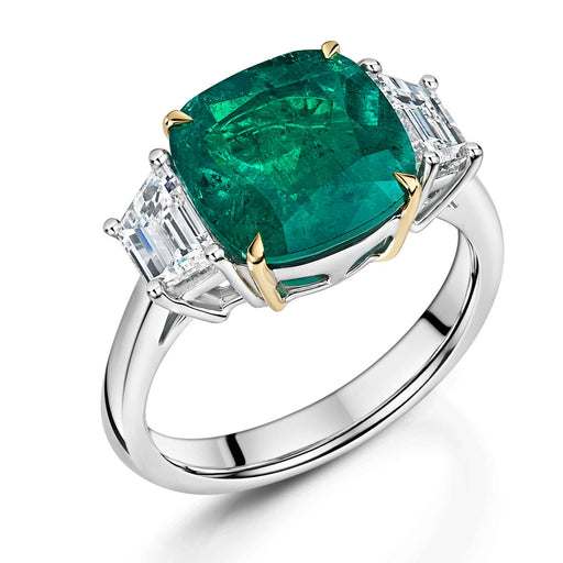 Michael Spiers Platinum & 18ct Yellow Gold Cushion-Cut Emerald & Tapered Baguette-Cut Diamond Three Stone Ring 4.78ct Ring Michael Spiers   
