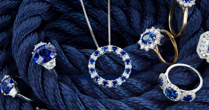 A selection of sapphire jewellery from Michael Spiers on blue rope background