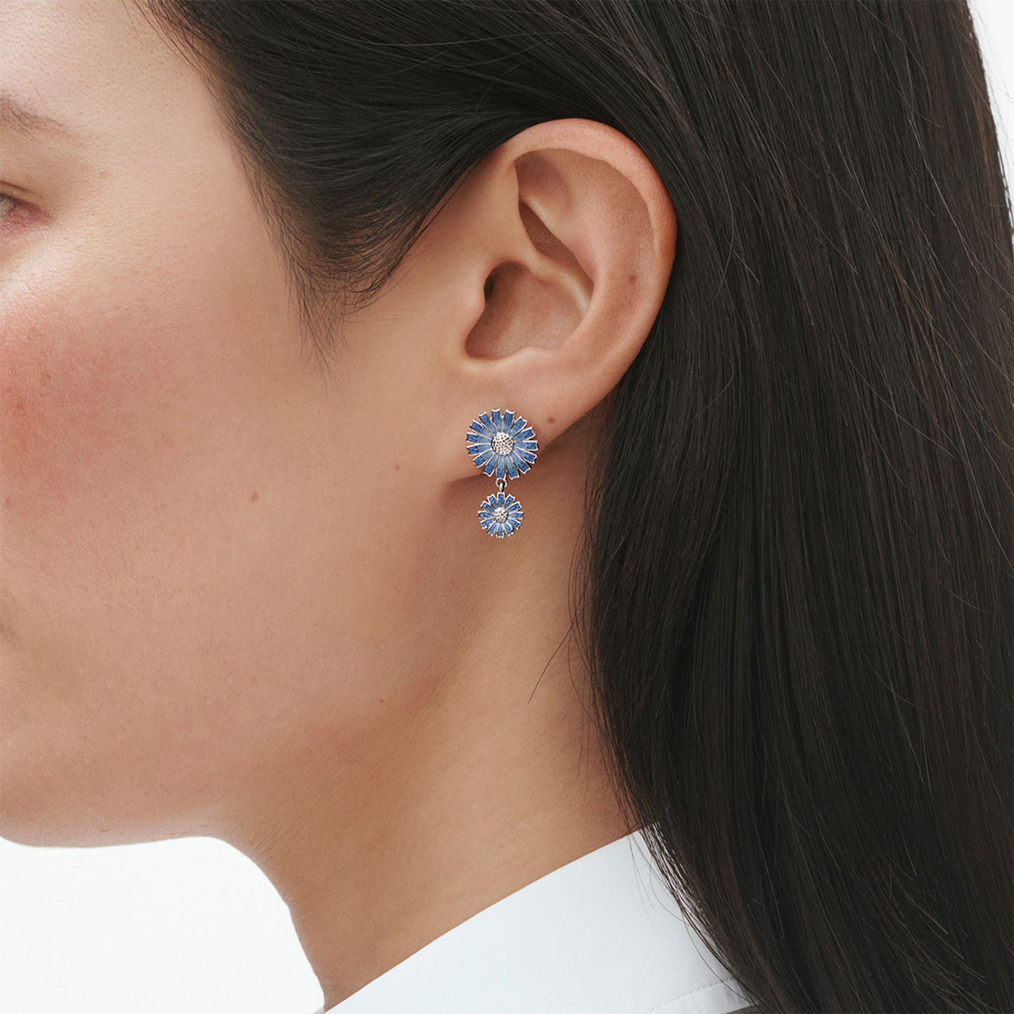 Daisy Silver & Blue Enamel Double Drop Earrings simple Pursuit