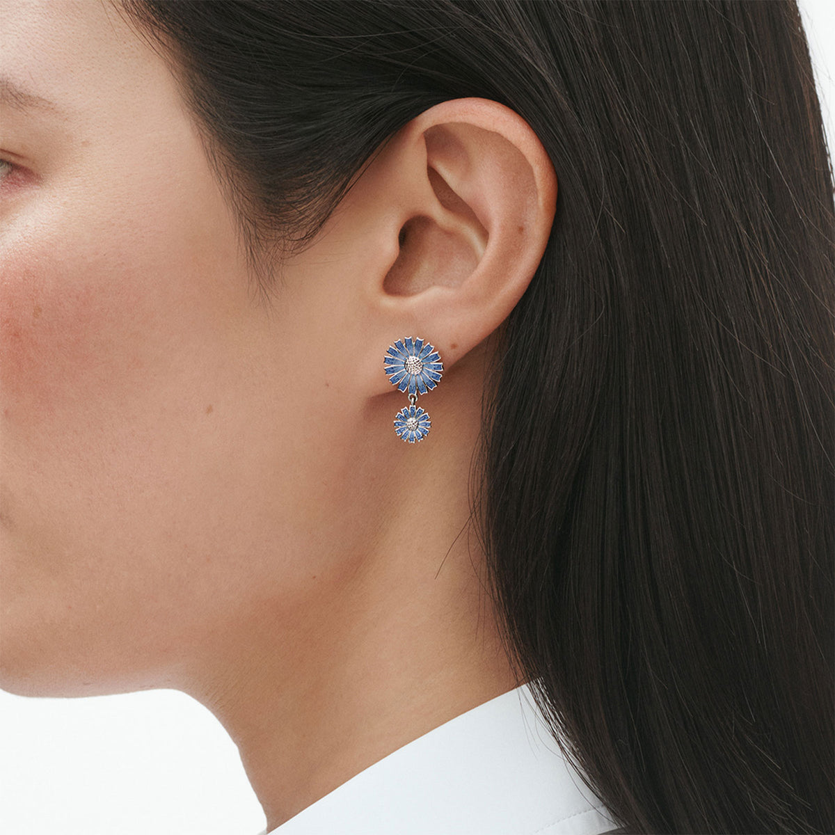 Daisy Silver & Blue Enamel Double Drop Earrings simple Pursuit
