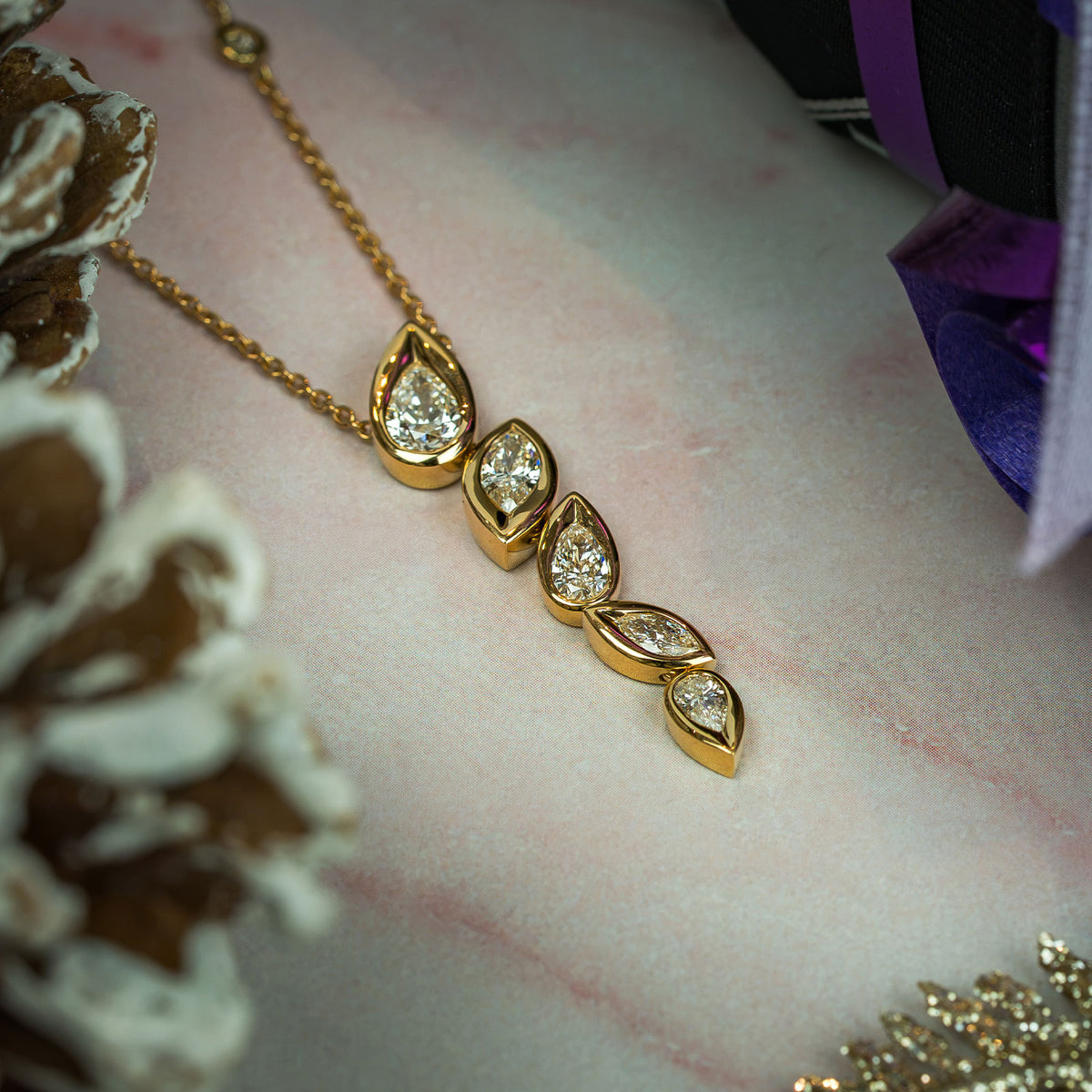 18ct Rose Gold Graduated Pear & Marquise-Cut Diamond Drop Necklace variant Pursuit