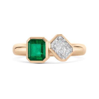 18ct Rose Gold Emerald & Diamond Two Stone Asymmetrical Ring variant Pursuit