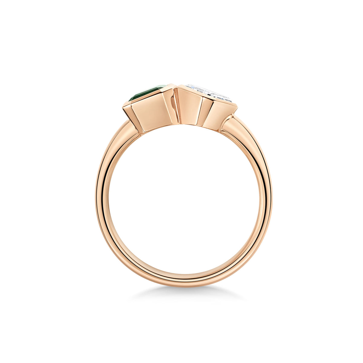 18ct Rose Gold Emerald & Diamond Two Stone Asymmetrical Ring variant Pursuit