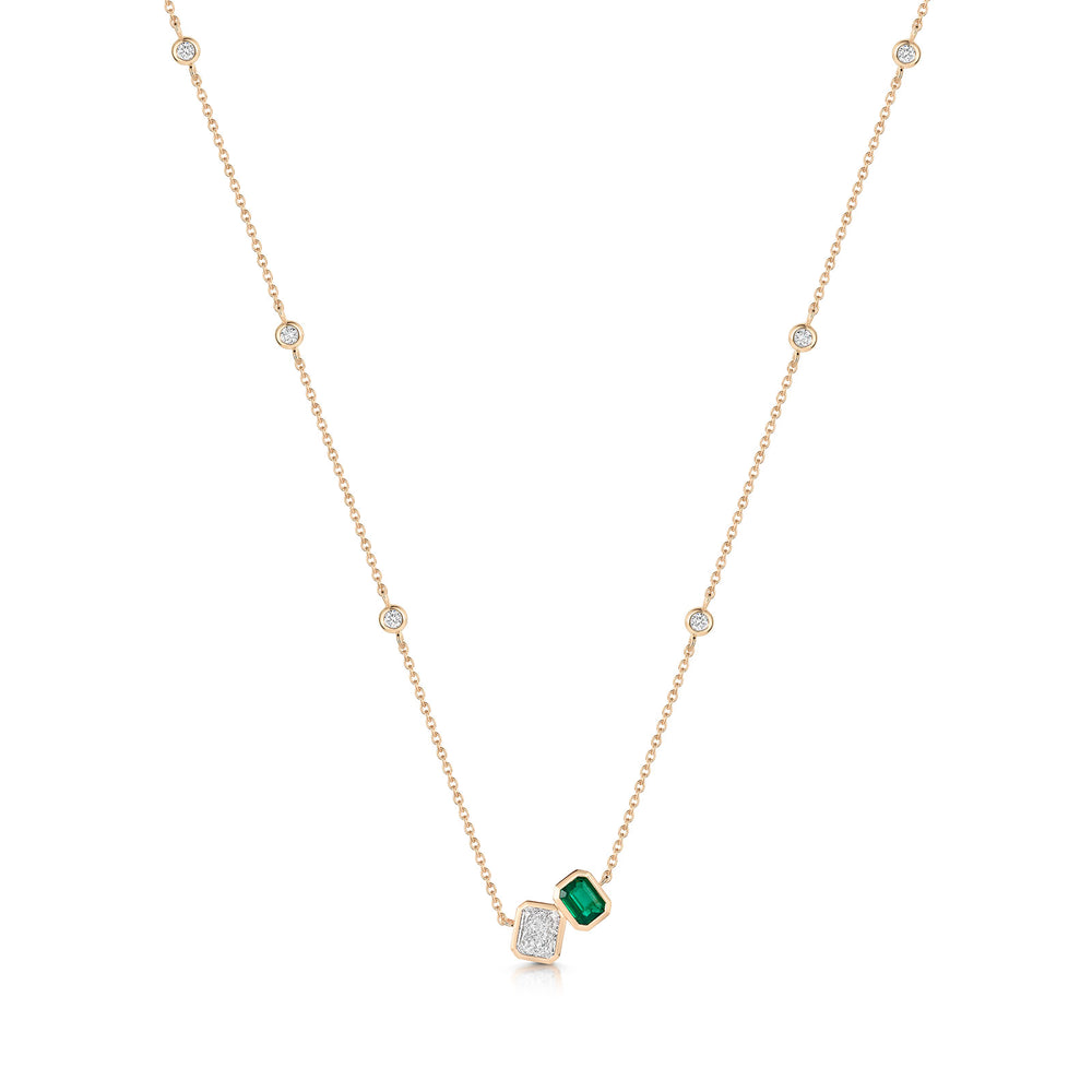 18ct Rose Gold Emerald & Diamond Two Stone Asymmetrical Pendant Necklace variant Pursuit