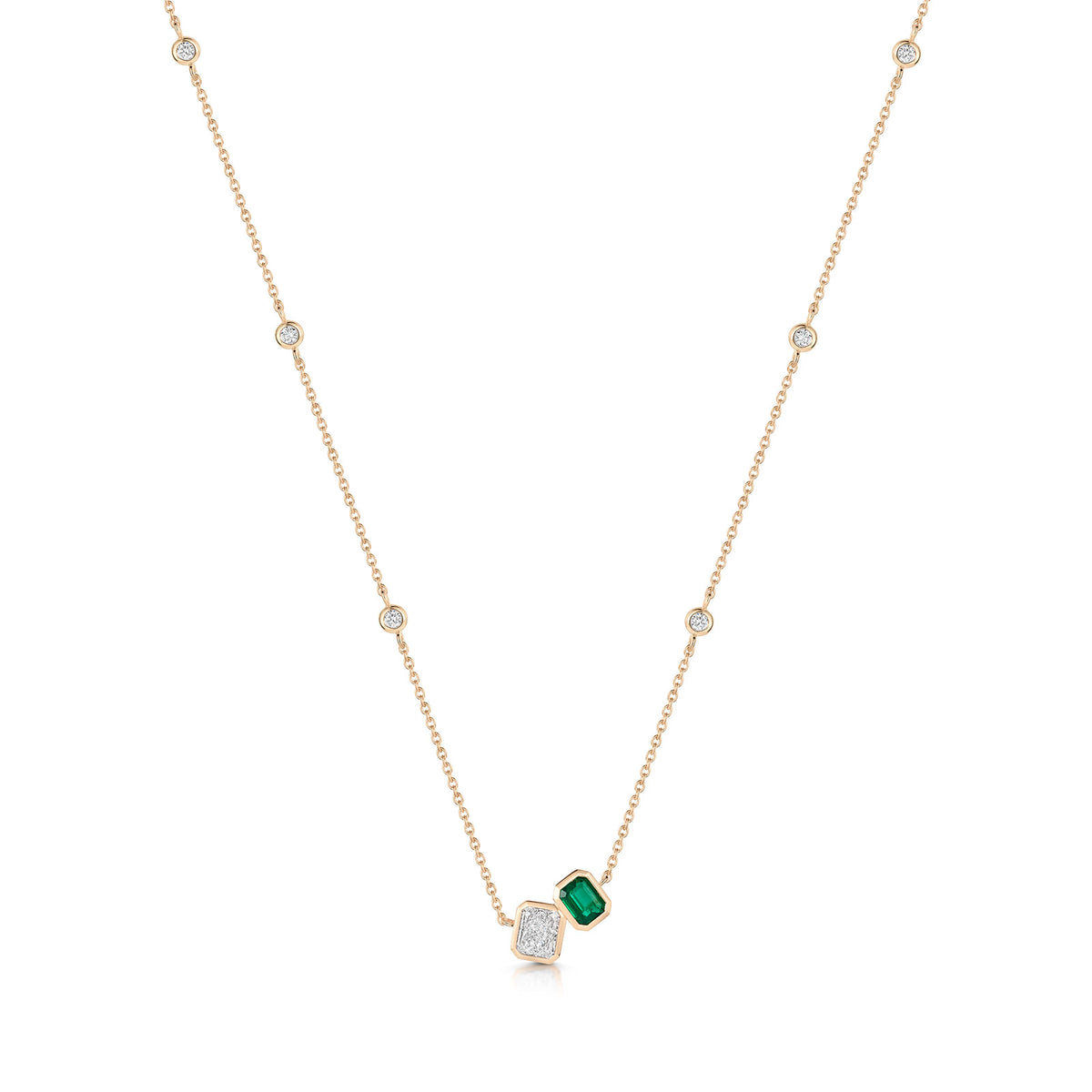 18ct Rose Gold Emerald & Diamond Two Stone Asymmetrical Pendant Necklace variant Pursuit