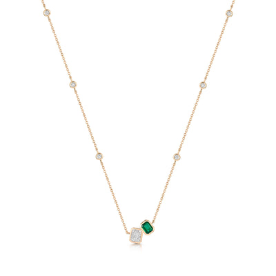 18ct Rose Gold Emerald & Diamond Two Stone Asymmetrical Pendant Necklace variant Pursuit
