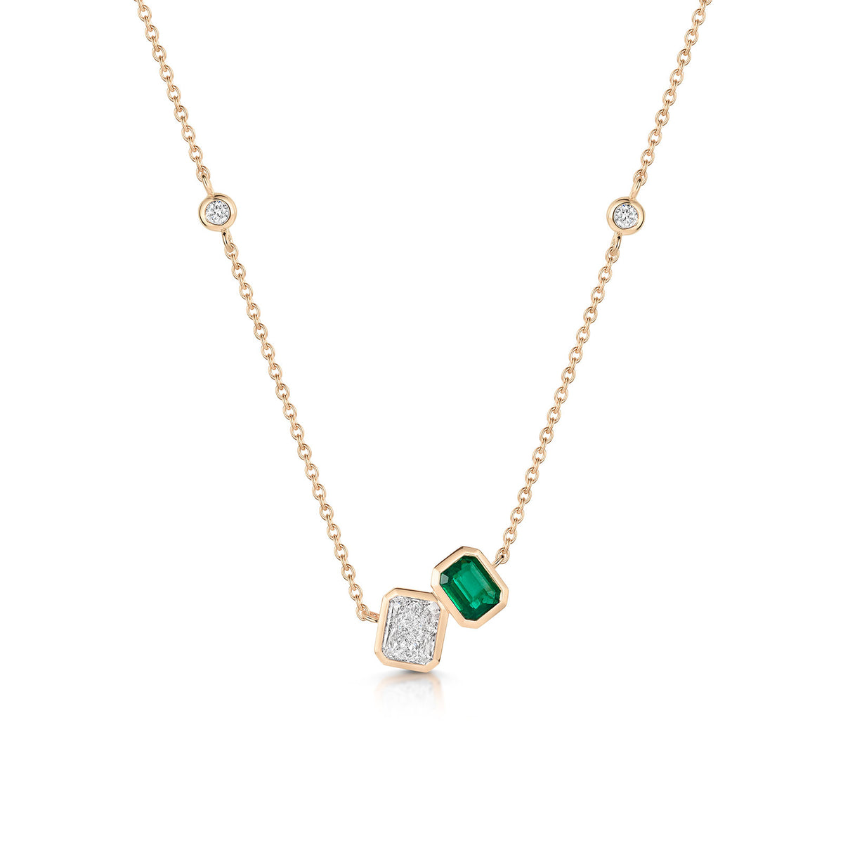 18ct Rose Gold Emerald & Diamond Two Stone Asymmetrical Pendant Necklace variant Pursuit