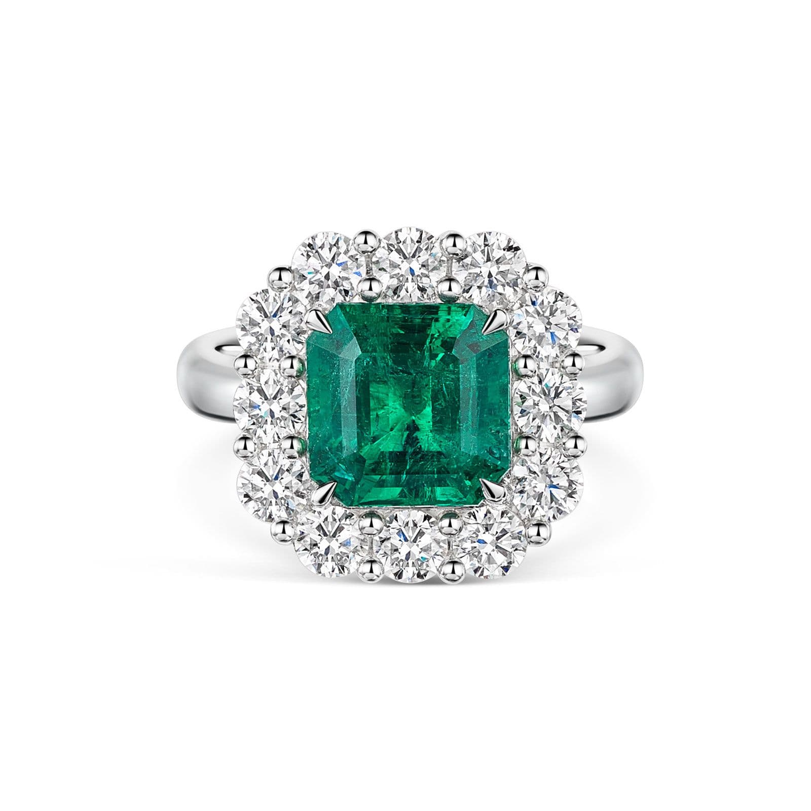 18ct White Gold Emerald & Diamond Cluster Ring simple Pursuit