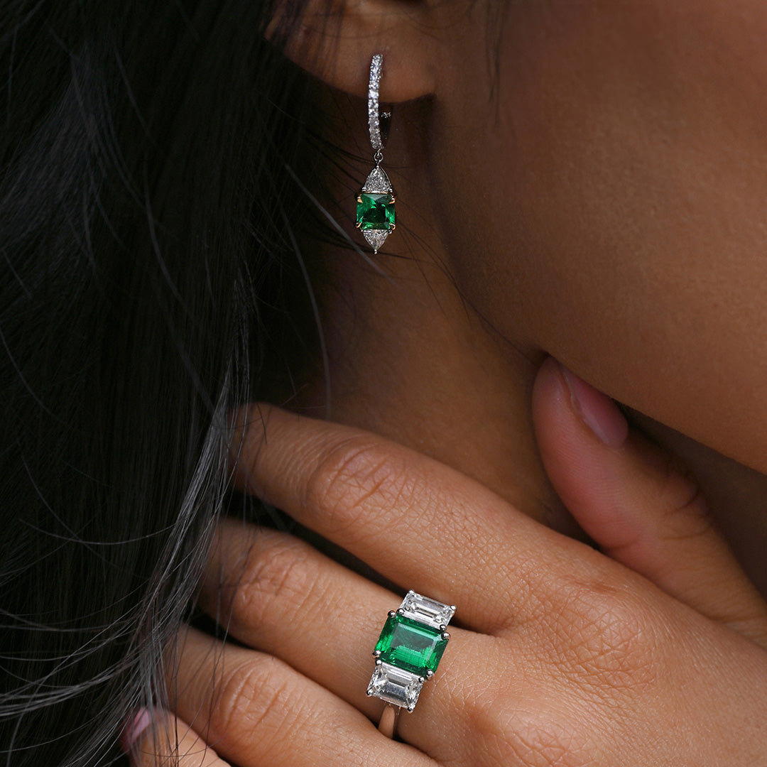 18ct White & Yellow Gold Emerald & Diamond Drop Earrings simple Pursuit