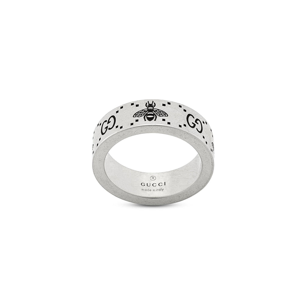Gucci Signature Silver Bee & Motif Ring 6mm
