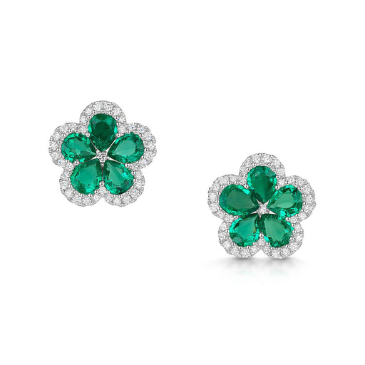 18ct White Gold Pear-Cut Emerald & Diamond Cluster Flower Earrings Earrings Michael Spiers