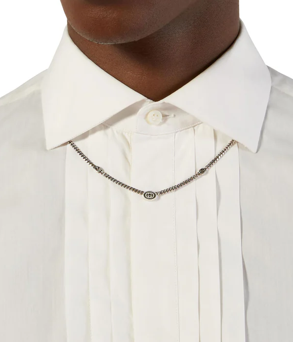 Gucci Interlocking Silver & Black Enamel Necklace on neck