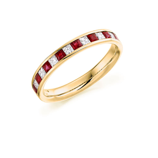 18ct Yellow Gold Princess-Cut Ruby & Diamond Half Eternity Ring 0.72ct - HET 1301 RUD Ring Michael Spiers   