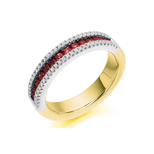 18ct Yellow & White Gold Princess-Cut Ruby & Brilliant-Cut Diamond Half Eternity Ring 0.90ct - HET 2247 RUD Ring Michael Spiers   