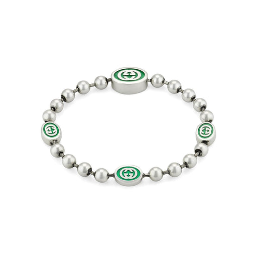 Gucci Interlocking G Boule Chain Silver & Green Enamel Bracelet YBA701609001