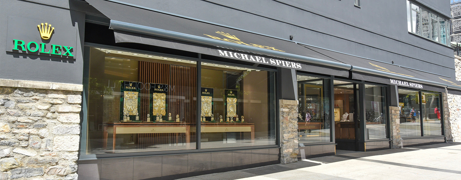 Michael Spiers jewellery store front in Plymouth. The store is situated on Cornwall Street just around the corner from Drake’s Circus Shopping Centre where you can see a range of fine jewellery from rings, necklaces, earrings, and bracelets to luxury watch brands such as Rolex, Omega, Breitling, and Tudor.