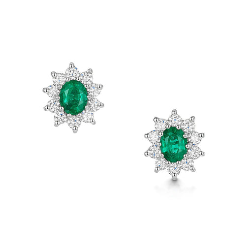 18ct White & Yellow Gold Oval-Cut Emerald & Diamond Cluster Earrings Earrings Michael Spiers