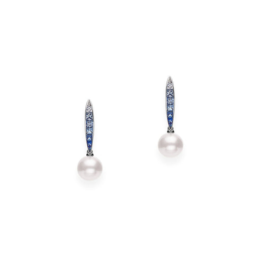 Mikimoto Ocean Akoya Cultured Pearl & Blue Sapphire Drop Earrings in 18ct White Gold - PEL10318SW Earrings Mikimoto   