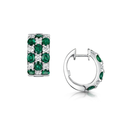 Michael Spiers 18ct White Gold Oval-Cut Emerald & Brilliant-Cut Diamond Triple Row Hoop Earrings 3.85ct Earrings Michael Spiers   