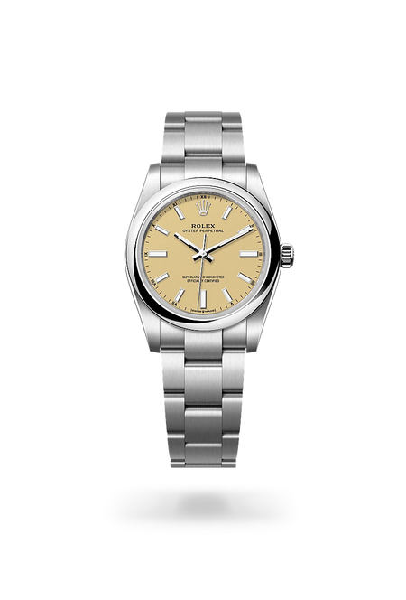 Rolex Oyster Perpetual 34 in Oystersteel with a Beige dial, Domed bezel, Oyster, three-piece solid links bracelet