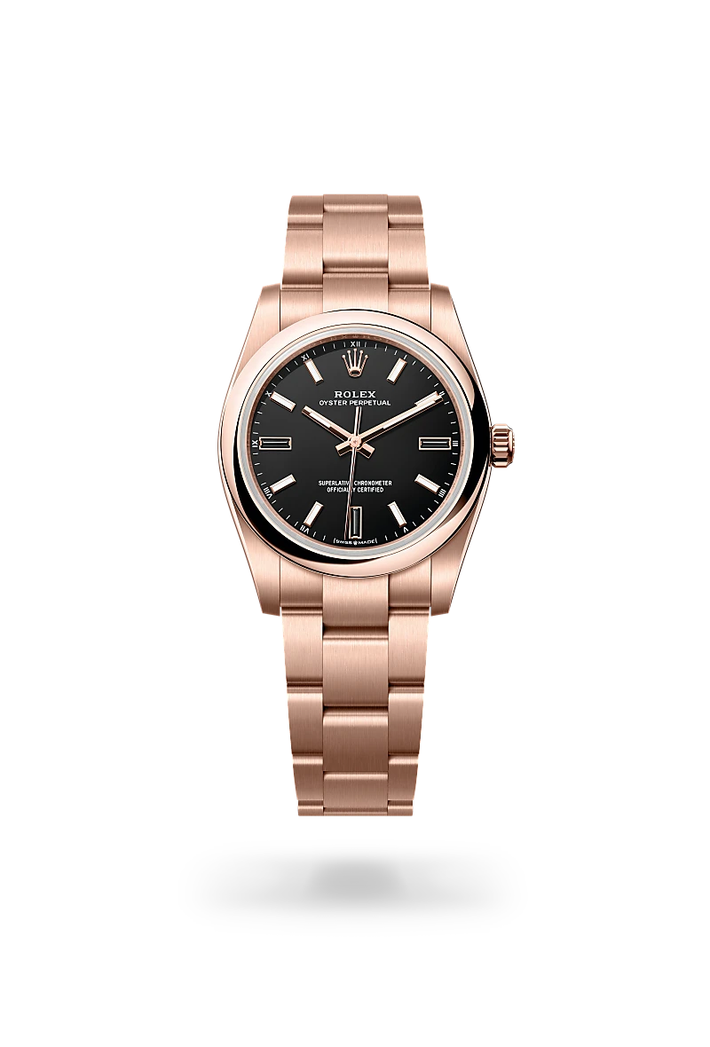 Rolex Oyster Perpetual 34 in 18 ct Everose gold with a Black dial, Domed bezel, Oyster, three-piece solid links bracelet