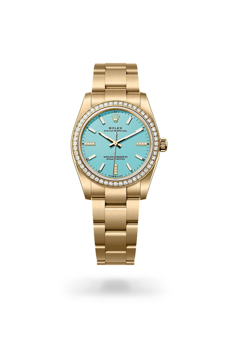 Rolex Oyster Perpetual 34 in 18 ct yellow gold with a Turquoise blue set with diamonds dial, Diamond-set bezel, Oyster, three-piece solid links bracelet