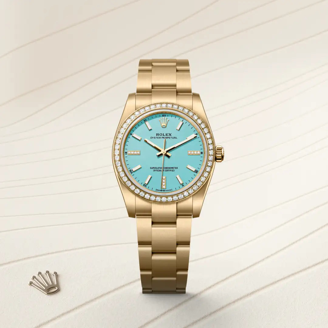 Rolex Oyster Perpetual 34 in 18 ct yellow gold with a Turquoise blue set with diamonds dial, Diamond-set bezel, Oyster, three-piece solid links bracelet