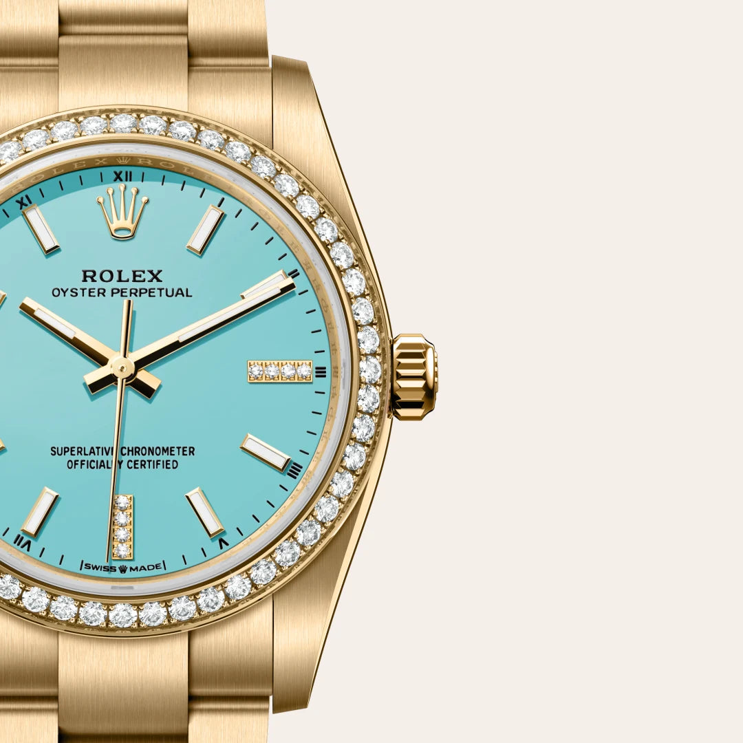 Rolex Oyster Perpetual 34 in 18 ct yellow gold with a Turquoise blue set with diamonds dial, Diamond-set bezel, Oyster, three-piece solid links bracelet