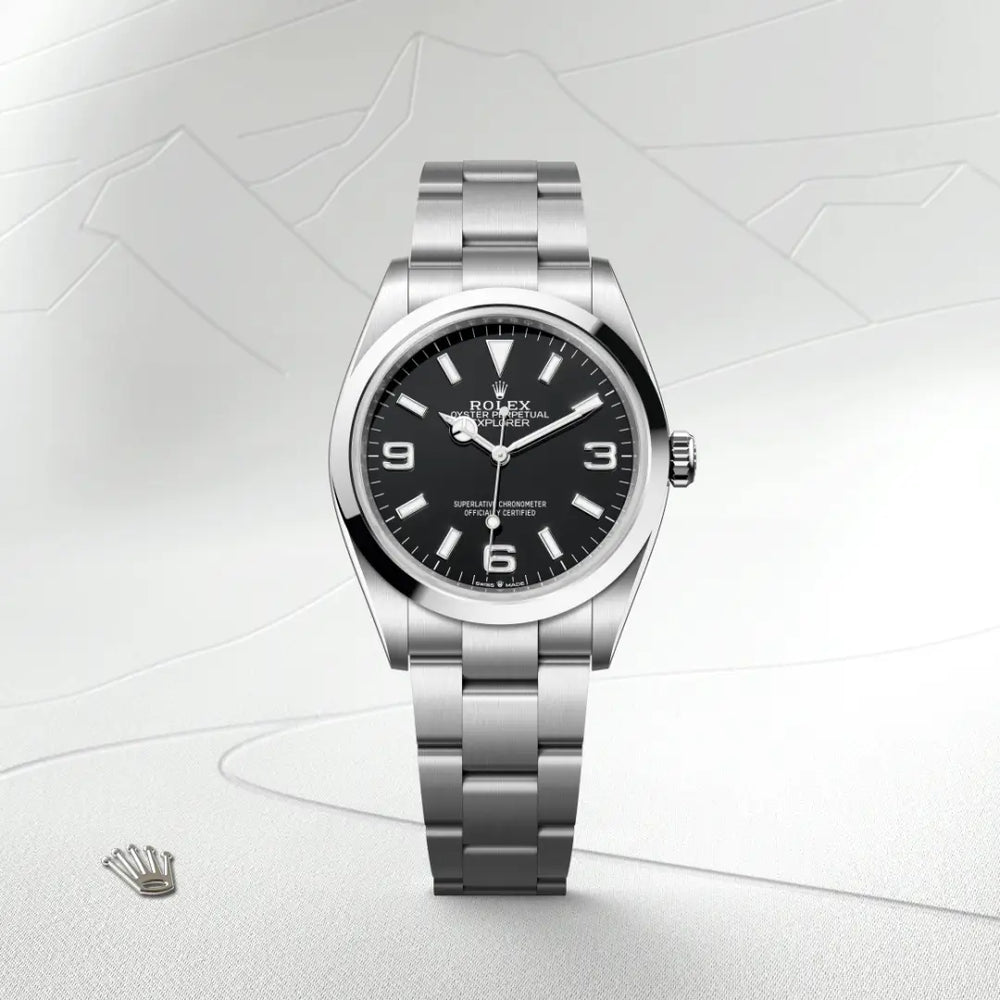 Rolex Explorer 36 in Oystersteel with a Black dial, Smooth bezel, Oyster, three-piece solid links bracelet
