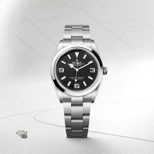 Rolex Explorer 36 in Oystersteel with a Black dial, Smooth bezel, Oyster, three-piece solid links bracelet