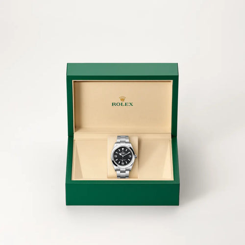 Rolex Explorer 36 in Oystersteel with a Black dial, Smooth bezel, Oyster, three-piece solid links bracelet