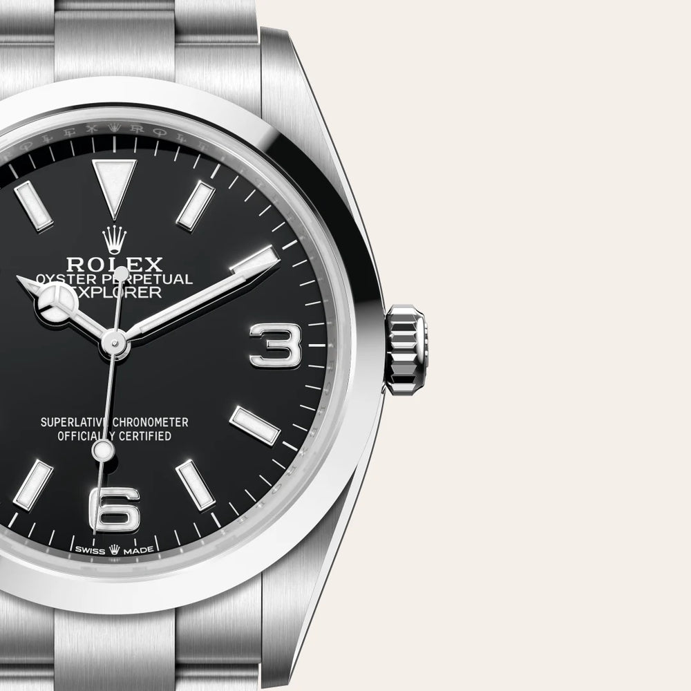 Rolex Explorer 36 in Oystersteel with a Black dial, Smooth bezel, Oyster, three-piece solid links bracelet