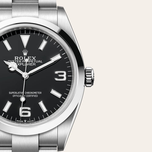Rolex Explorer 36 in Oystersteel with a Black dial, Smooth bezel, Oyster, three-piece solid links bracelet