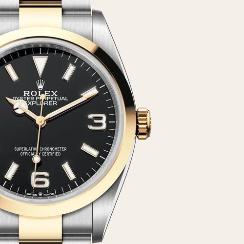 Rolex Explorer 36 in Yellow Rolesor - combination of Oystersteel and yellow gold with a Black dial, Smooth bezel, Oyster, three-piece solid links bracelet