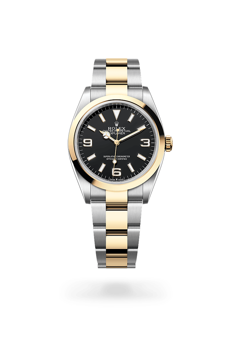 Rolex Explorer 36 in Yellow Rolesor - combination of Oystersteel and yellow gold with a Black dial, Smooth bezel, Oyster, three-piece solid links bracelet