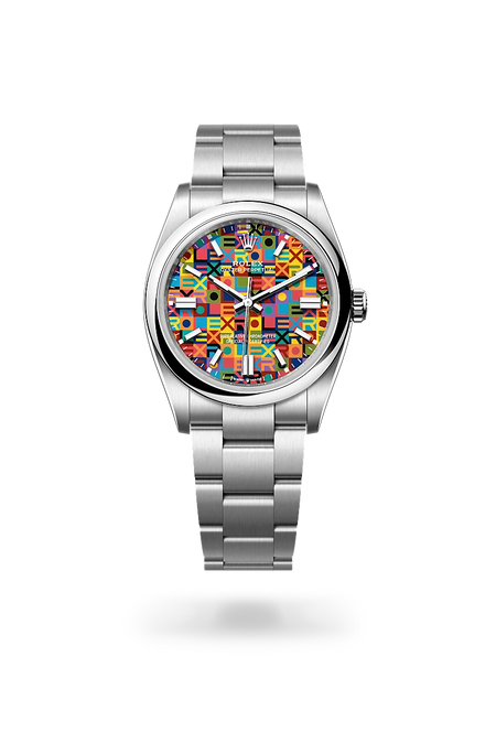 Rolex Oyster Perpetual 36 in Oystersteel with a Multicoloured, Jubilee motif dial, Domed bezel, Oyster, three-piece solid links bracelet