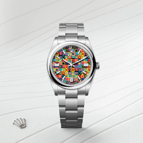 Rolex Oyster Perpetual 36 in Oystersteel with a Multicoloured, Jubilee motif dial, Domed bezel, Oyster, three-piece solid links bracelet