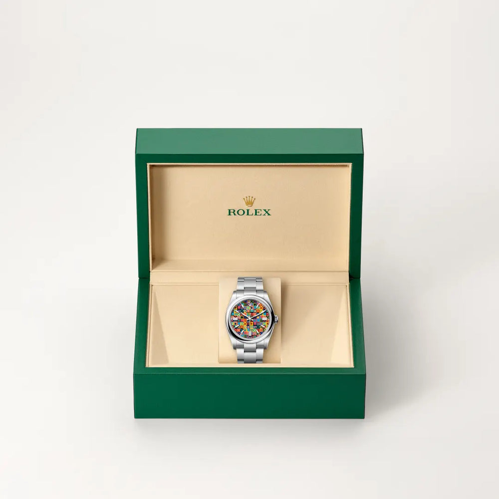 Rolex Oyster Perpetual 36 in Oystersteel with a Multicoloured, Jubilee motif dial, Domed bezel, Oyster, three-piece solid links bracelet
