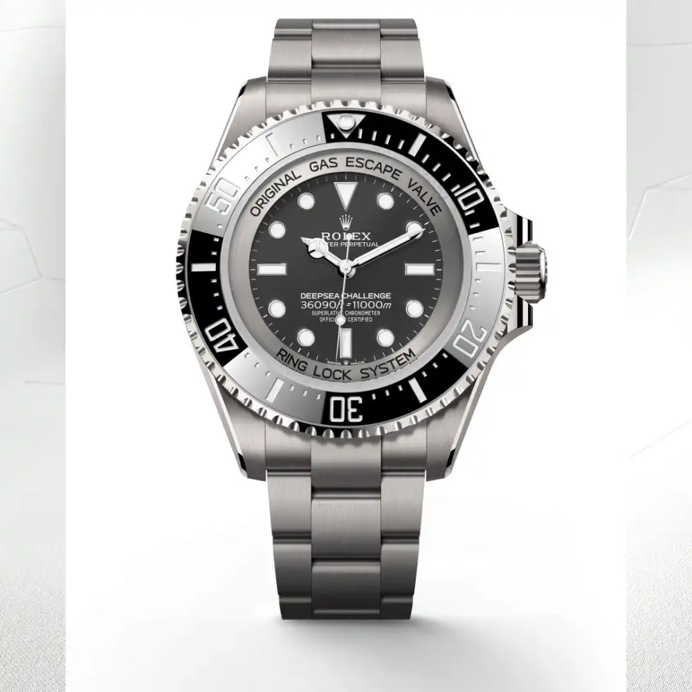 Rolex Deepsea Challenge in RLX titanium with a Intense black dial, Unidirectional rotatable 60-minute graduated, scratch-resistant Cerachrom insert in ceramic, numerals and graduations coated in platinum bezel, Oyster, three-piece solid links bracelet