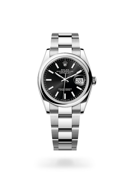 Rolex Datejust 36 in Oystersteel with a Bright black dial, Domed bezel, Oyster, three-piece solid links bracelet