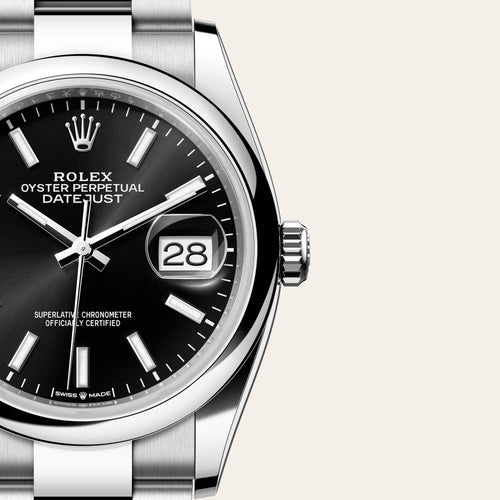 Rolex Datejust 36 in Oystersteel with a Bright black dial, Domed bezel, Oyster, three-piece solid links bracelet