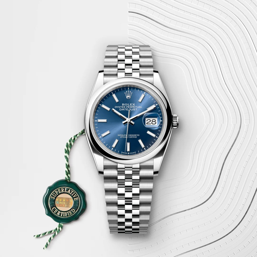 Rolex Datejust 36 in Oystersteel with a Bright blue dial, Domed bezel, Jubilee, five-piece links bracelet